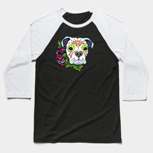 Boxer in White - Day of the Dead Sugar Skull Dog Baseball T-Shirt